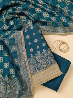 Koskii - Blue Woven Zari Unstitched Kurta & Bottom with Dupatta
