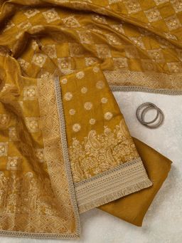Koskii - Mustard Woven Zari Unstitched Kurta & Bottom with Dupatta