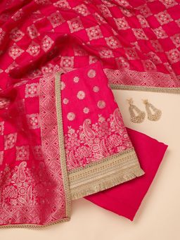 Koskii - Pink Woven Zari Unstitched Kurta & Bottom with Dupatta