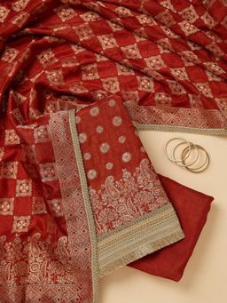 Koskii - Rust Woven Zari Unstitched Kurta & Bottom with Dupatta