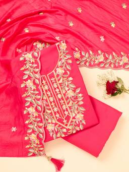 Koskii - Pink Embroidered Thread Work Unstitched Kurta & Bottom with Dupatta