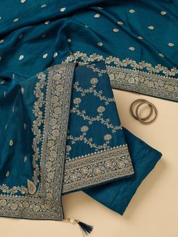Koskii - Blue Embroidered Unstitched Kurta & Bottom with Dupatta