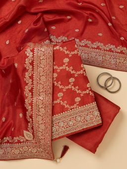 Koskii - Rust Embroidered Unstitched Kurta & Bottom with Dupatta