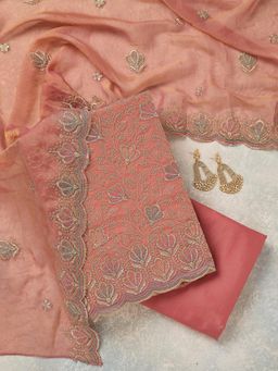Koskii - Peach Embroidered Unstitched Kurta & Bottom with Dupatta