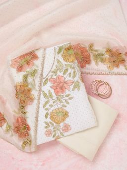 Koskii - Off White Embellished/Sequined Unstitched Kurta & Bottom with Dupatta