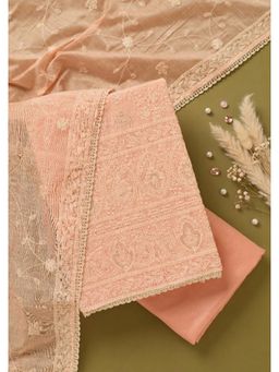 Koskii - Peach Embroidered Thread Work Unstitched Kurta & Bottom with Dupatta