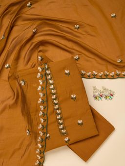 Koskii - Mustard Embroidered Thread Work Unstitched Kurta & Bottom with Dupatta