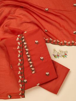 Koskii - Orange Embroidered Thread Work Unstitched Kurta & Bottom with Dupatta