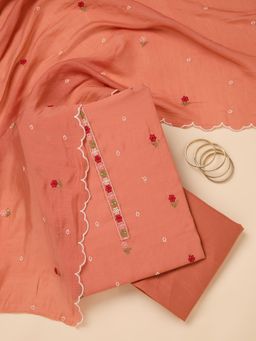Koskii - Peach Embroidered Thread Work Unstitched Kurta & Bottom with Dupatta
