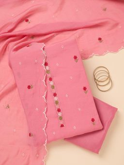 Koskii - Pink Embroidered Thread Work Unstitched Kurta & Bottom with Dupatta