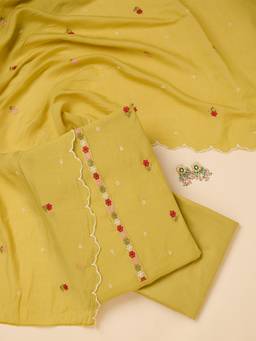 Koskii - Yellow Embroidered Thread Work Unstitched Kurta & Bottom with Dupatta
