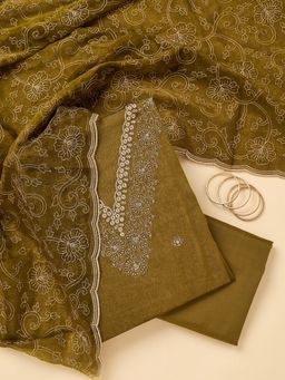 Koskii - Green Embroidered Thread Work Unstitched Kurta & Bottom with Dupatta