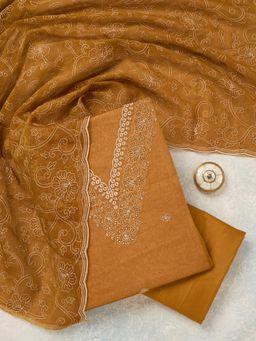 Koskii - Mustard Embroidered Thread Work Unstitched Kurta & Bottom with Dupatta