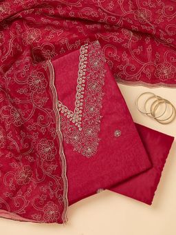 Koskii - Pink Embroidered Thread Work Unstitched Kurta & Bottom with Dupatta
