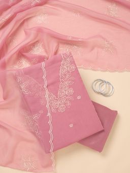 Koskii - Pink Embroidered Thread Work Unstitched Kurta & Bottom with Dupatta