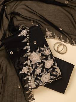 Koskii - Black Embroidered Thread Work Unstitched Kurta & Bottom with Dupatta