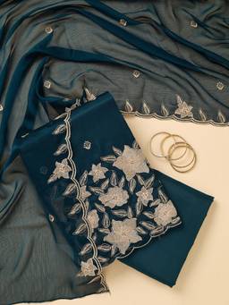 Koskii - Blue Embroidered Thread Work Unstitched Kurta & Bottom with Dupatta