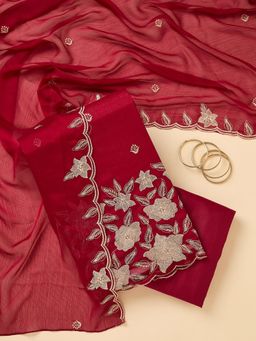 Koskii - Maroon Embroidered Thread Work Unstitched Kurta & Bottom with Dupatta