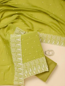 Koskii - Green Embroidered Thread Work Unstitched Kurta & Bottom with Dupatta