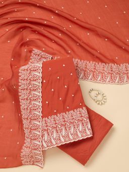 Koskii - Rust Embroidered Thread Work Unstitched Kurta & Bottom with Dupatta