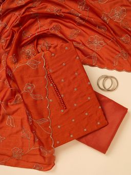 Koskii - Orange Embroidered Unstitched Kurta & Bottom with Dupatta