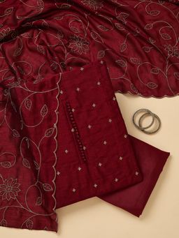 Koskii - Maroon Embroidered Unstitched Kurta & Bottom with Dupatta