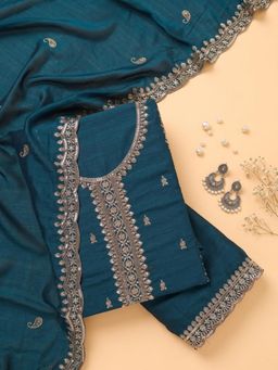 Koskii - Blue Embroidered Unstitched Kurta & Bottom with Dupatta