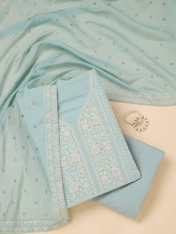 Koskii - Blue Embroidered Thread Work Unstitched Kurta & Bottom with Dupatta