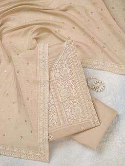 Koskii - Brown Embroidered Thread Work Unstitched Kurta & Bottom with Dupatta