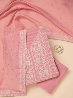 Koskii - Pink Embroidered Thread Work Unstitched Kurta & Bottom with Dupatta