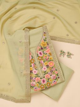 Koskii - Green Embroidered Thread Work Unstitched Kurta & Bottom with Dupatta