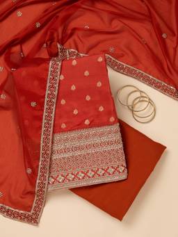 Koskii - Rust Embroidered Unstitched Kurta & Bottom with Dupatta