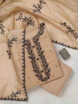Koskii - Beige Embroidered Thread Work Unstitched Kurta & Bottom with Dupatta