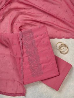 Koskii - Pink Embroidered Thread Work Unstitched Kurta & Bottom with Dupatta