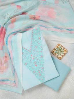 Koskii - Blue Embroidered Thread Work Unstitched Kurta & Bottom with Dupatta
