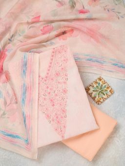 Koskii - Pink Embroidered Thread Work Unstitched Kurta & Bottom with Dupatta