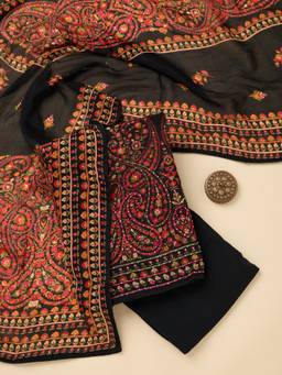 Koskii - Black Embroidered Thread Work Unstitched Kurta & Bottom with Dupatta