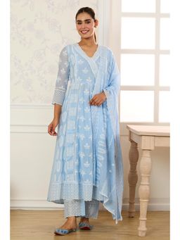 MEENA BAZAAR Since 1970 - Blue Embroidered Comfortable Anarkali Kurta Pant with Dupatta