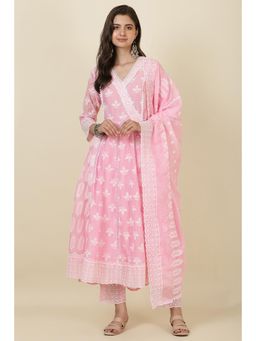 MEENA BAZAAR Since 1970 - Pink Embroidered Comfortable Anarkali Kurta Pant with Dupatta