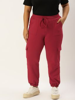 theRebelinme - Plus Size Womens Maroon Solid Color Knitted Cargo Trouser