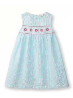 Beebay - Cotton Rose Embroidery Smocked Seersucker Stripe Dress-Green