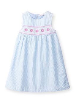 Beebay - Cotton Rose Embroidery Smocked Seersucker Dress-Blue