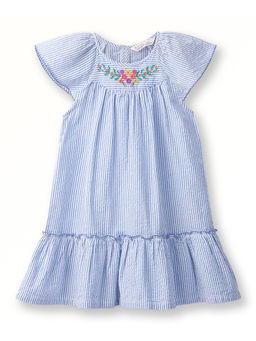 Beebay - Cotton Seersucker Stripe Embroidery A-line Dress-Blue