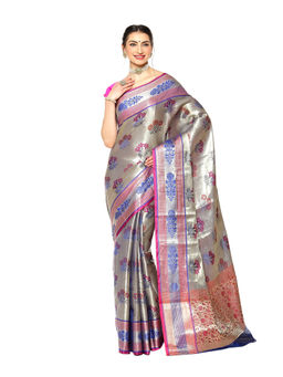 Banarasi Silk Works - Grey Paithani Zari Pattu Border Art Saree with Unstitched Blouse