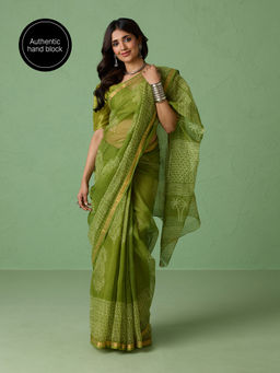 Likha - Pure Kota Doria Authentic Hand Block Print Green Saree with Unstitched Blouse LIKKOTA01