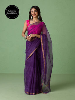 Likha - Pure Kota Doria Authentic Hand Block Print Purple Saree with Unstitched Blouse LIKKOTA01