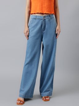 Xpose - Women Blue Wide Leg High Rise Cotton Denim Trouser