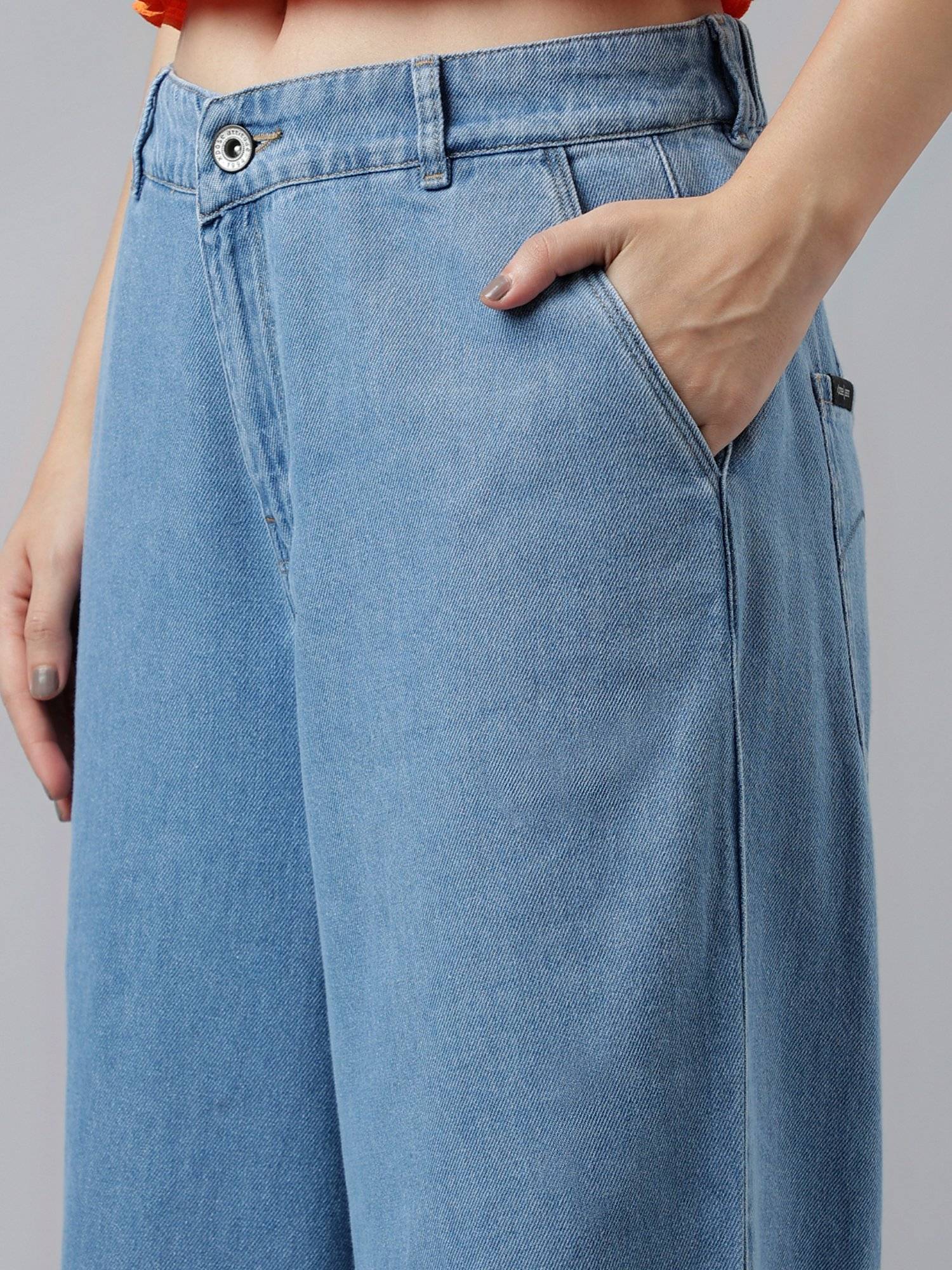 Buy Xpose Women Blue Wide Leg High Rise Cotton Denim Trouser Online