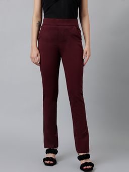 Xpose - Women Wine Solid Slim Fit High Rise Trouser