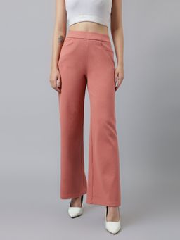 Xpose - Women Peach Ribbed Wide Leg High Rise Trouser